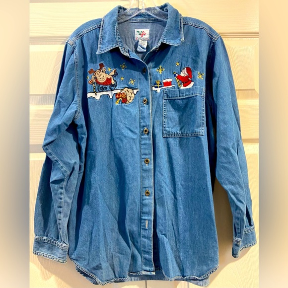 NutCracker Vtg Holiday Denim Size L Denim Long Sleeve Button Down Pocket Santa - Picture 1 of 4